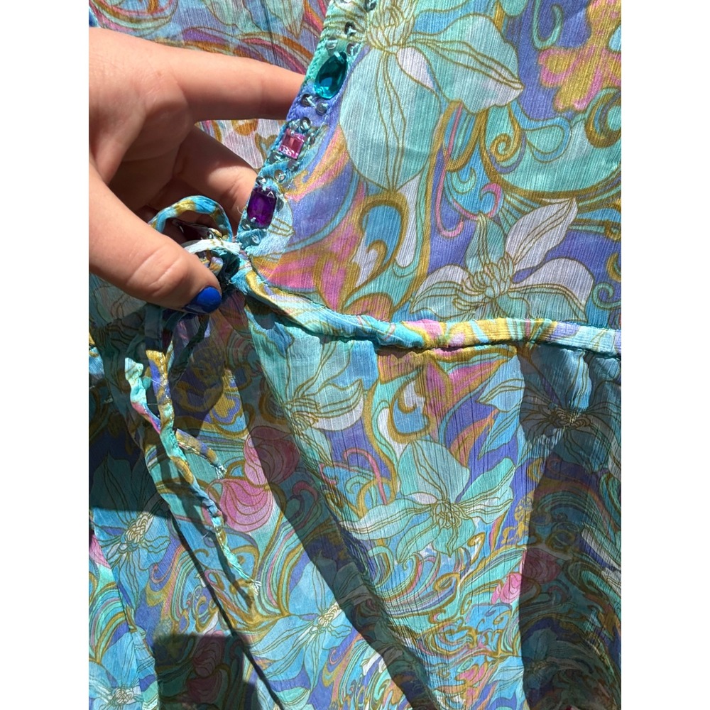 Turquoise Flare Sleeve Sheer Psychedelic Pastel Jeweled Babydoll Blouse - Picture 7 of 15